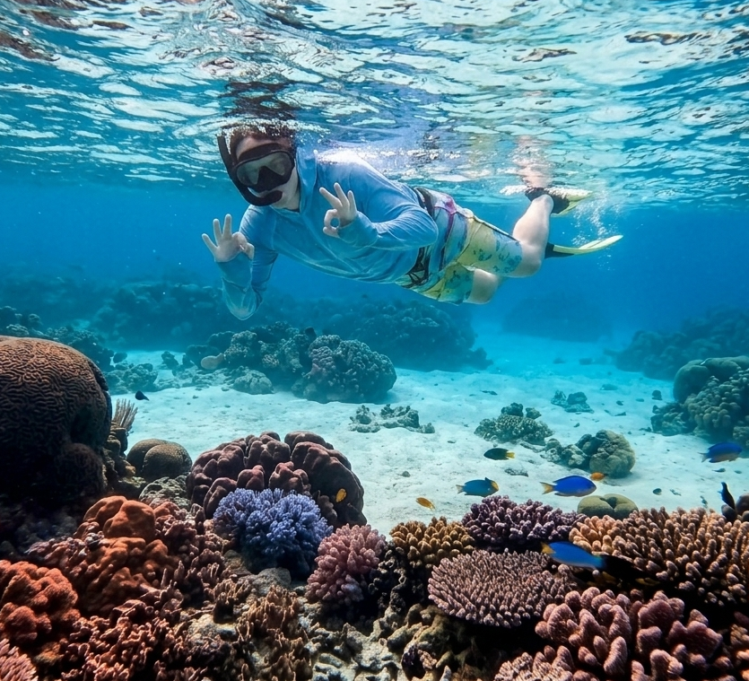A snorkeler exploring a healthy, vibrant coral reef with tropical fish at Mangel Halto, Aruba.