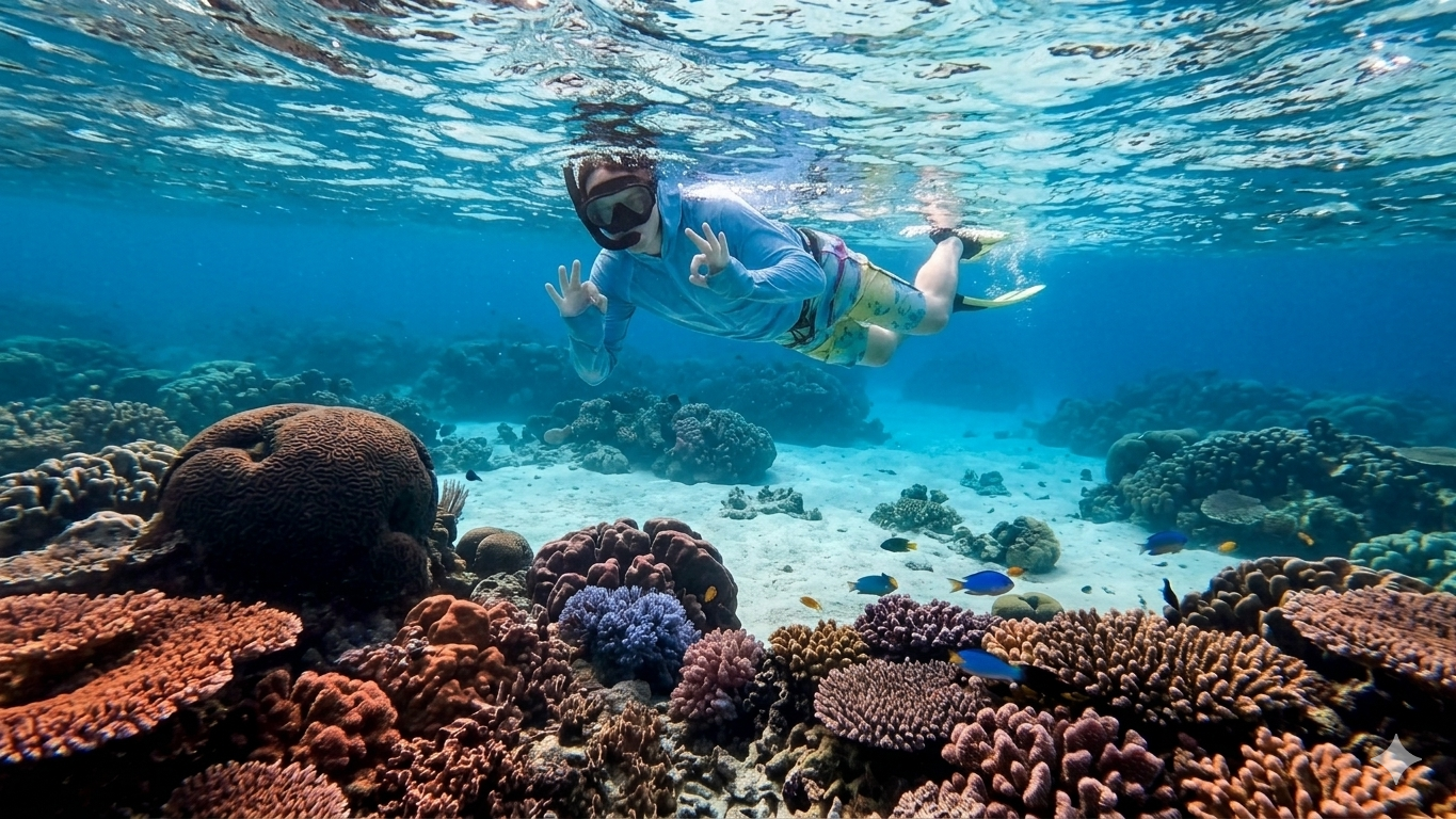 A snorkeler exploring a healthy, vibrant coral reef with tropical fish at Mangel Halto, Aruba.
